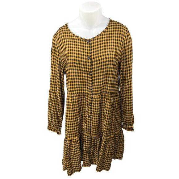 BeachLunchLounge Yellow Gingham Check Long Sleeve Ruffle Button Up Mini Dress XL - Picture 1 of 5